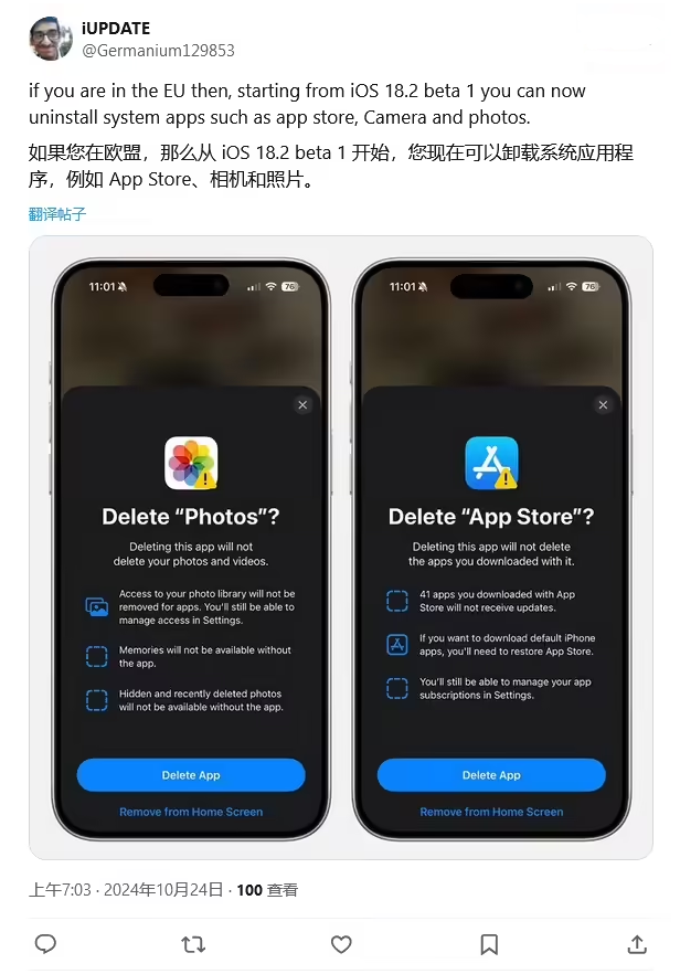 昭苏苹果手机维修分享iOS 18.2 支持删除 App Store 应用商店 