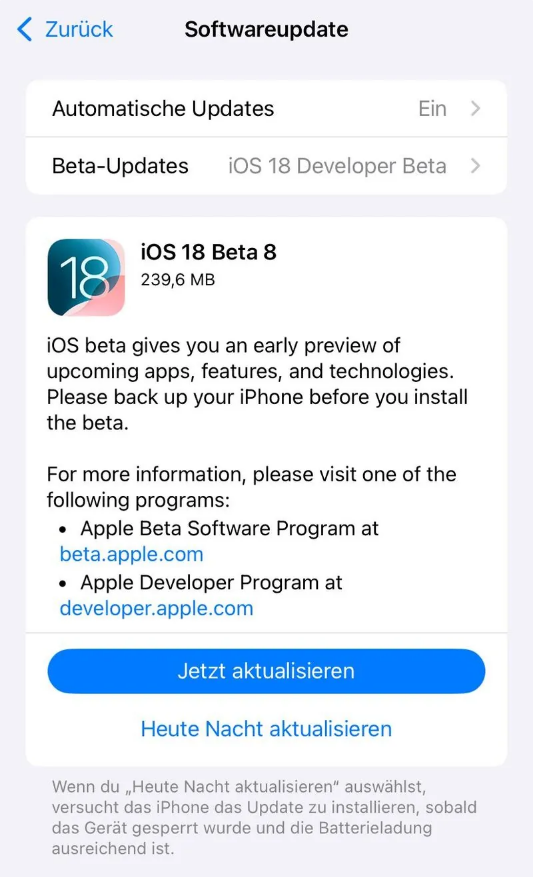 昭苏苹果手机维修分享苹果 iOS / iPadOS 18 开发者预览版 Beta 8 发布 